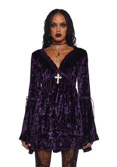 base|purple Widow Clothing, Halloween Costume Boots, Grunge Dresses, Velvet Lace Dress, Purple Velvet Dress, Dress With Bell Sleeves, Booties Outfit, Velvet Mini Dress, Witch Outfit