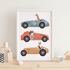 an art print of three cars with giraffes in the front and on the back