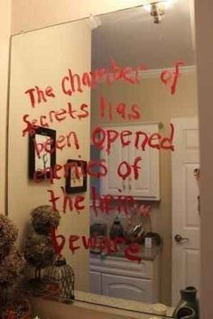 a bathroom mirror with writing on it that says, the chamber of secrets has opened doors of the house before us