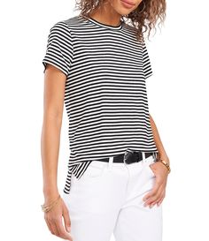 From Vince Camuto&#x2C; this tee features:Knit fabricationCrew necklineShort sleevesPullover constructionRayon/spandexMachine washImported. Staple Tops, Floral Sheath Dress, Short Sleeve Pullover, Knit Tees, Cool Sweaters, Dillard's, Striped Tee, Striped Shorts, Vince Camuto