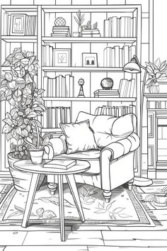 a black and white drawing of a living room with couches, bookshelf, coffee table and potted plant