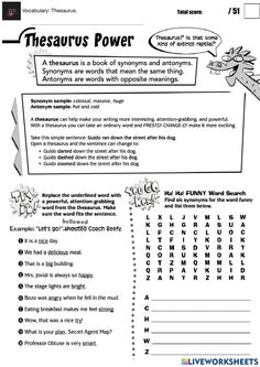 thesaurus's power worksheet for students to practice their writing and spelling skills