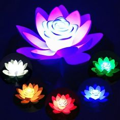 the lotus flower is lit up in different colors and sizes, with four petals on each side