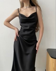 Spaghetti Strap Summer Dress, Satin Dress Long, Black Silk Dress, Black Slip Dress, Black Satin Dress, Necklines For Dresses