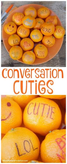 there are oranges with words written on them