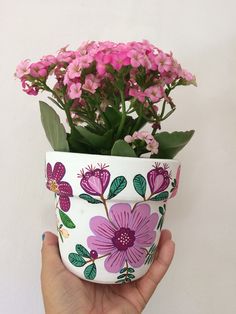 a hand holding a flower pot with pink flowers