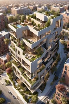 an aerial view of a building with many balconies and plants on the roof