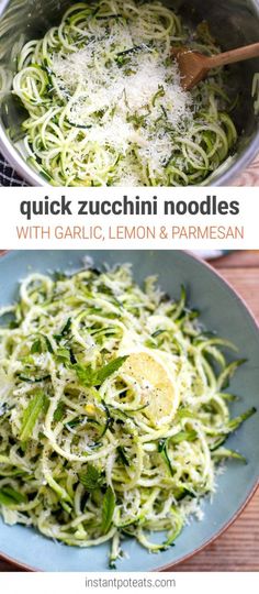 zucchini noodles with garlic, lemon and parmesan in a blue bowl