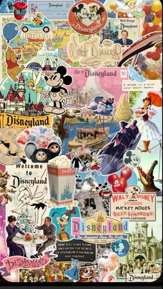 the disney world collage is shown with many different things on it's side