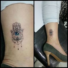 two pictures side by side one with a hamsa tattoo and the other with an evil eye