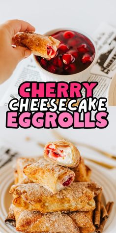 Egg rolls for dessert with cherry cheesecake filling Desert Egg Roll Recipes, Egg Roll Filling Recipes, Dessert Egg Rolls, Cheesecake Egg Rolls, Sweet Egg, Egg Roll Filling, Egg Rolls Recipe, Hot Desserts, No Egg Desserts