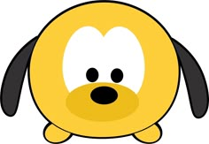 a cartoon yellow dog with black ears and nose, looking at the camera while sitting down