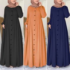 Item Type:DressMaterial:95% Polyester+5% Spandex Colors:Orange,Black,NavySize:S,M,L,XL,2XL,3XL,4XL,5XLPackage include:1 DressCutting:SlimLength:Ankle LengthCollar:O-NeckSleeve Style:Puff SleeveSleeve Length:Full SleeveClosure Type:ButtonsFinising:PleatedFeatures:Side PocketsPattern:SolidThickness:StandardStyle:Casual,,Elegant,Street Fashion,Muslim Dress Abaya Kaftan,Kaftan TunicSeason:Spring,Autumn,WinterOccasion:Daily,Party,Office,Holiday,Casual,Wedding,ChurchAttention:1. Due to different co... Casual Long Sleeve Abaya For Eid, New Abaya Style, Muslim Dress Abaya, Hijab Stile, Muslim Long Dress, Orange Outfits, Abaya Fashion Dubai, Dress Abaya, Long Sleeve Tunic Dress