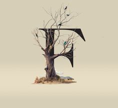 a tree with birds perched on it and the letter e in the middle is made out of paper