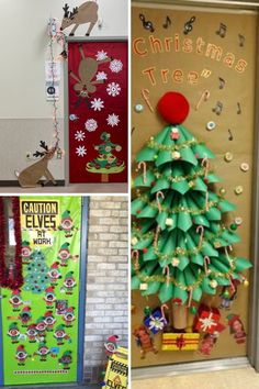 christmas door decorations are shown in three different pictures, one is decorated with paper and the other has an ornament