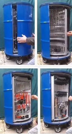 four images show the inside of a blue barrel with tools in it and on wheels