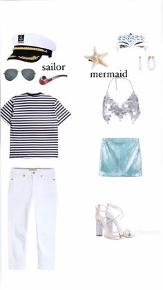 a sailor's outfit and accessories are arranged on a white background