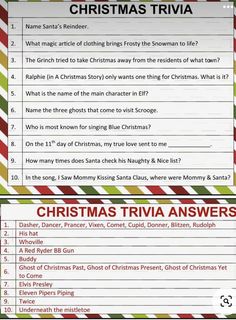 the christmas trivia answers are in red, green and white striped paper with words on it