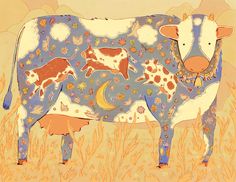 a painting of a cow in a field with flowers and stars on it's body