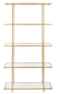 a gold shelf with glass shelves on each side and three shelves below the shelf are empty