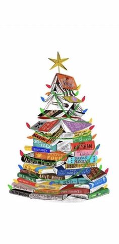 a christmas tree made out of books