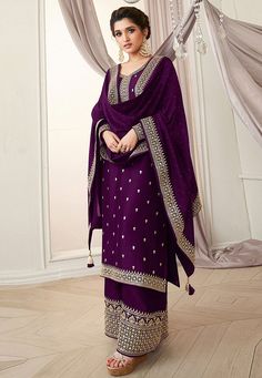 Buy Eid Special Sharara Party wedding wear anarkalis Purple silk kameez with palazzo 15454 online in USA, UK and Canada from KollyBollyEthnics.com Silk Kameez, Mega Mart, Silk Anarkali, Pakistani Suits Online, Pakistani Suit, Eid Special, Pakistani Salwar Kameez, Silk Bottoms, Wedding Saree Indian