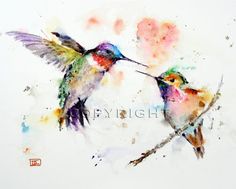 two colorful hummingbirds flying next to each other on a white background with watercolor splashes