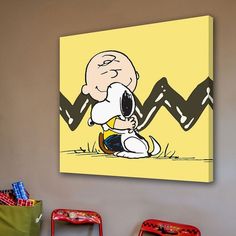 a painting of a cartoon character sitting on top of a yellow wall next to two red chairs