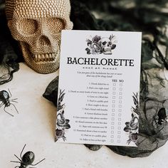 there is a sign that says bachelor list next to a skull and some other decorations