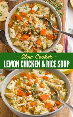 Crock Pot Chicken and Rice Soup. Made with brown rice, fresh vegetables, chicken broth, and lemon, this healthy crockpot soup is easy to make, hearty, and filling! #wellplated #slowcooker #crockpot #soup Lemon Chicken And Rice Soup, Rice Soup Crockpot, Crock Pot Chicken And Rice, Lemon Chicken Rice Soup, Slow Cooker Lemon Chicken, Healthy Crockpot Soup, Lemon Chicken Rice, Lemon Rice Soup, Crockpot Soup