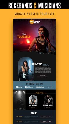 the website design for rockbands and musicians is shown in black, yellow and orange colors