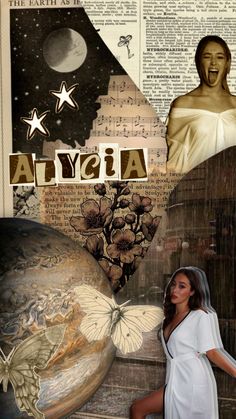 the collage shows an image of a woman in white dress, with words above her and