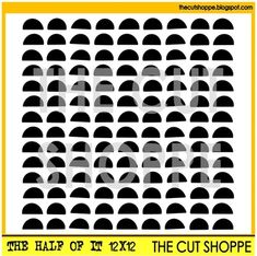 the half cut shoppe is shown in black and white, with yellow border around it