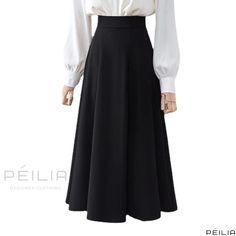 Peilia - High-Waisted Black Midi Skirt with Length-Extending Umbrella Style Design Black Stretch A-line Bottoms, Non-stretch Black Office Skirt, Non-stretch Black Skirt For Office, Black A-line Bottoms For Workwear, Elegant Black Skirt With Wide Waistband, Black Non-stretch Full Maxi Skirt, Black A-line Bottoms For Work, Black High-waisted Skirt With Wide Waistband, Black High-waist Skirt With Wide Waistband