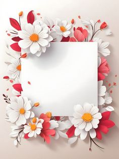 an empty paper surrounded by flowers on a white background with red and orange leaves around it