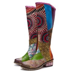 Feel bright and sunny from your head to your toes while wearing our Raya Sunshine Boho Hippie Knee High Boots. Vivid colors paint the genuine leather in floral designs and paisley prints. From top to bottom these boots are decorated in a patchwork pattern that reaches its heels for a fun surprise for those checking out your look. Easily zip up these boots for a fast yet fashionable look and with its genuine leather material, you will be looking stylish for many years to come. Specifications Uppe Boho Style Boots, Cowgirl Shoes, Flower Boots, Leather Over The Knee Boots, Boho Boots, Genuine Leather Boots, Boots Knee, Style Boots, Knee High Leather Boots