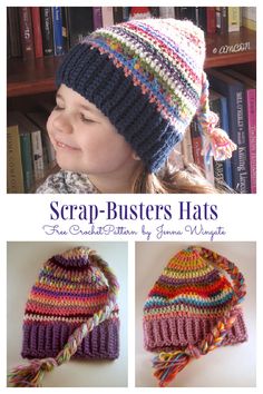 a child wearing a crocheted hat with tassels on it and the words scrapbusters hats written below