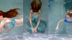 three different pictures of a woman in a mermaid costume swimming under water with her long hair flying through the air