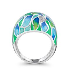 How beautiful is this sweet spring ring? The ring features flowers and leaves that wrap around your finger, detailed with bright enamel for lovers of colour! The perfect accessory for spring and summertime, or to keep the floral vibe going all year round.Carat Weight: 0.072 ctStone Size: 1.4 mmNumber of Stones: 3 Stone Shape: RoundStone Color: Diamond WhiteWeight: 4.79 gWidth: 3.7 mmHeight: 7.7 mmThickness: 1.6 mmMaterial: 925 SilverPlating Color: Silver Hand Painted Jewelry For Spring, Spring Hand Painted Jewelry, Green Enamel Ring For Wedding, Green Enamel Wedding Ring, Wedding Green Enamel Ring, Green Flower-shaped Enamel Jewelry, Hand Painted Green Enamel Ring, Hand-painted Green Enamel Ring, Green Summer Rings