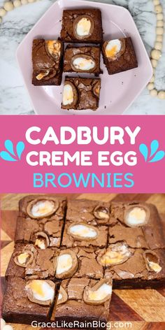 cadbury creme egg brownies on a plate and in the background is an image of