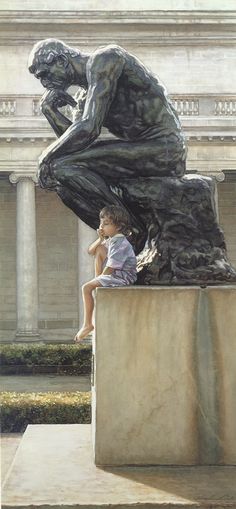 a young boy sitting on top of a statue in front of a building with columns