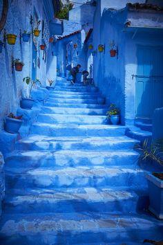 the stairs are painted blue and have potted plants on them