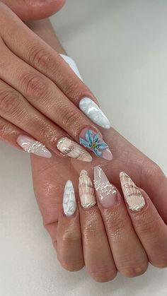 ocean nails sea nails seashell 3d gel water summer sets almond nails Nessa Nails, Sea Nails, Mermaid Nails, Beach Nails