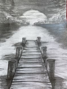 a pencil drawing of a dock in the water