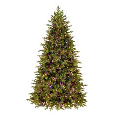 a green christmas tree with multicolored lights on it's top and bottom