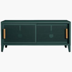 the sideboard is green and has two compartments on each side, one with an open door