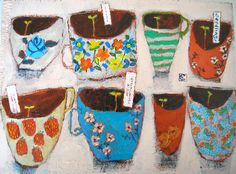 a painting of flower pots with tags on them