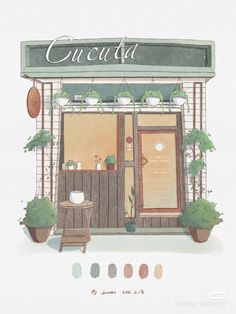 an illustration of a store front with potted plants