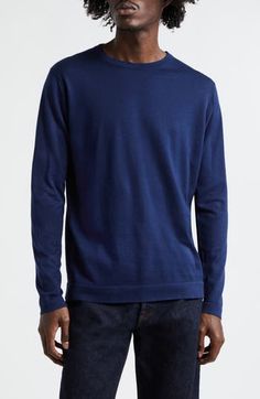 The English label's commitment to understated luxury informs the design of this crewneck sweater knit from supremely soft cotton yarn. 27 1/2" length (size Medium) Crewneck Long sleeves with ribbed cuffs 100% cotton Machine wash, dry flat Made in the UK Designer Clothing Modern Crew Neck Sweater For Layering, Modern Crew Neck Sweater With Ribbed Cuffs, Fine Knit Cotton Crew Neck Sweater, Modern Long Sleeve Sweater With Ribbed Cuffs, Modern Merino Wool Crew Neck Sweater, Modern Solid Crew Neck Sweater, Modern Solid Color Crew Neck Sweater, Classic Cotton Sweater With Ribbed Neckline, Modern Long Sleeve Sweater With Ribbed Neckline