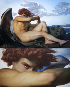 two pictures of the same painting, one with red hair and another with blue eyes